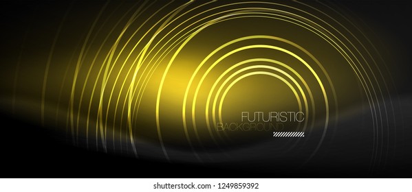 Dark abstract background with glowing neon circles, vector