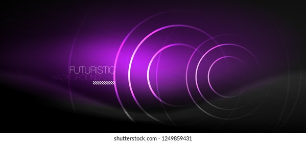 Dark abstract background with glowing neon circles, vector