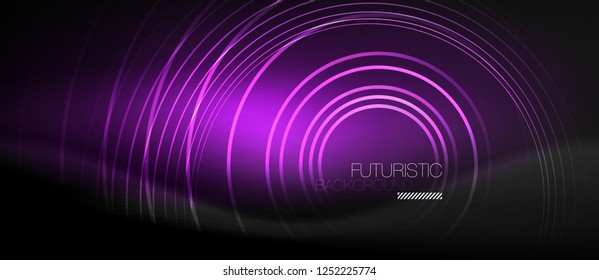 Dark abstract background with glowing neon circles, vector