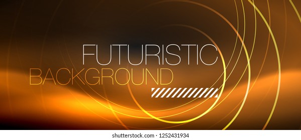 Fondo abstracto oscuro con círculos de neón brillantes, vector