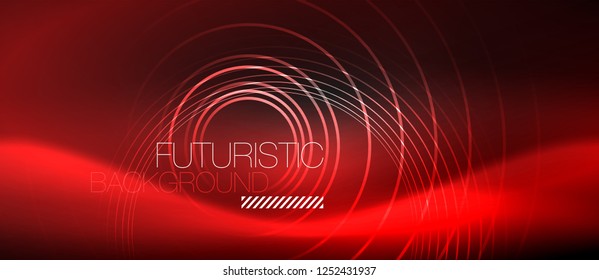 Fondo abstracto oscuro con círculos de neón brillantes, vector