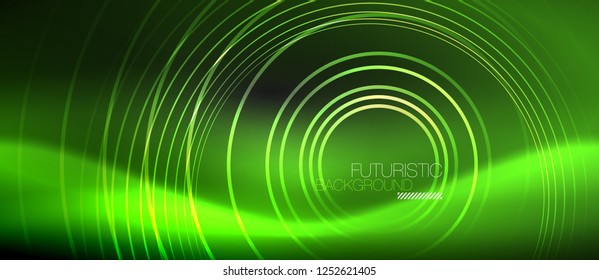 Dark abstract background with glowing neon circles, vector