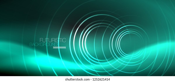 Dark abstract background with glowing neon circles, vector