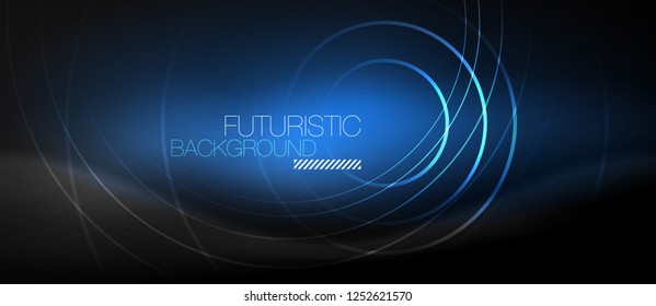 Fondo abstracto oscuro con círculos de neón brillantes, vector