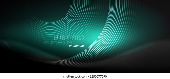 Dark abstract background with glowing neon circles, vector