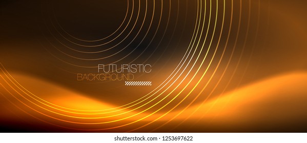 Fondo abstracto oscuro con círculos de neón brillantes, vector