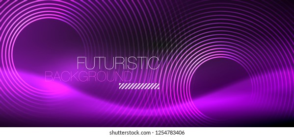 Fondo abstracto oscuro con círculos de neón brillantes, vector