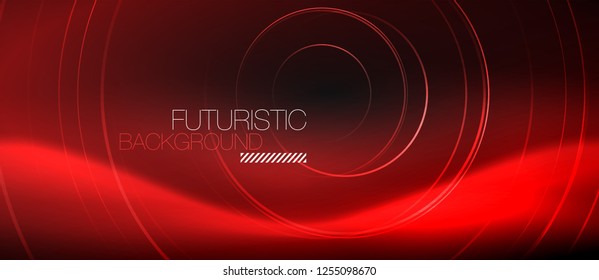 Dark abstract background with glowing neon circles, vector