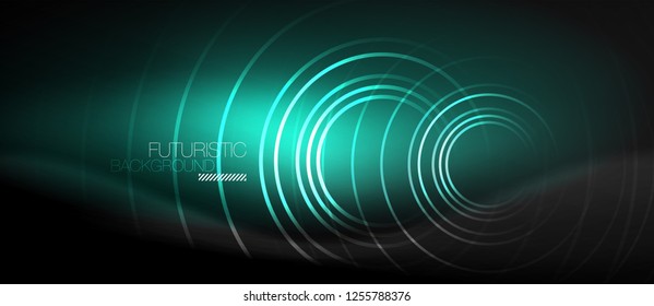 Dark abstract background with glowing neon circles, vector