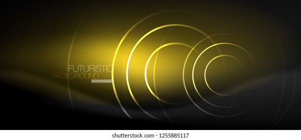 Dark abstract background with glowing neon circles, vector