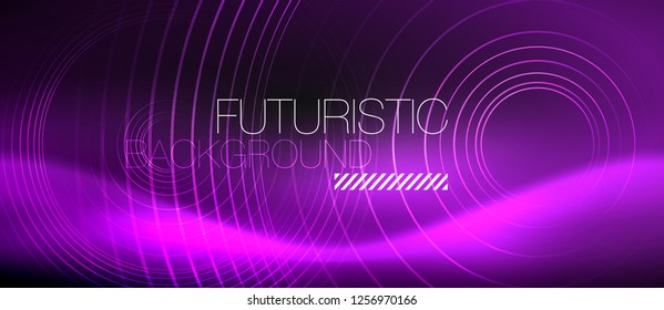 Fondo abstracto oscuro con círculos de neón brillantes, vector