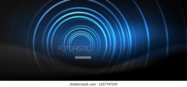 Dark abstract background with glowing neon circles, vector