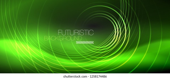 Dark abstract background with glowing neon circles, vector