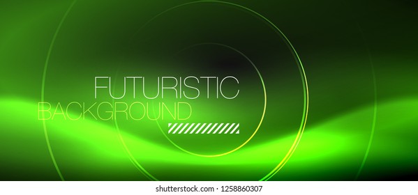 Fondo abstracto oscuro con círculos de neón brillantes, vector