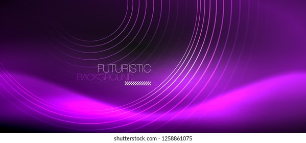 Fondo abstracto oscuro con círculos de neón brillantes, vector