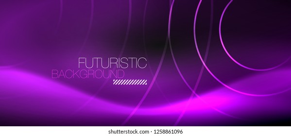Fondo abstracto oscuro con círculos de neón brillantes, vector