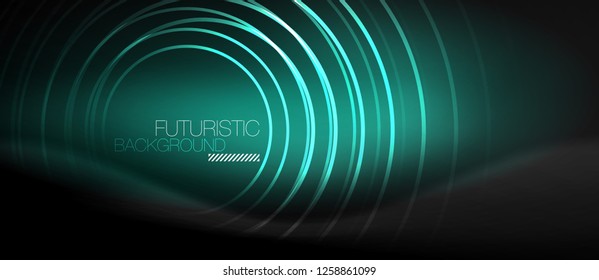 Dark abstract background with glowing neon circles, vector