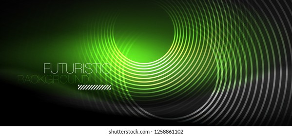 Fondo abstracto oscuro con círculos de neón brillantes, vector
