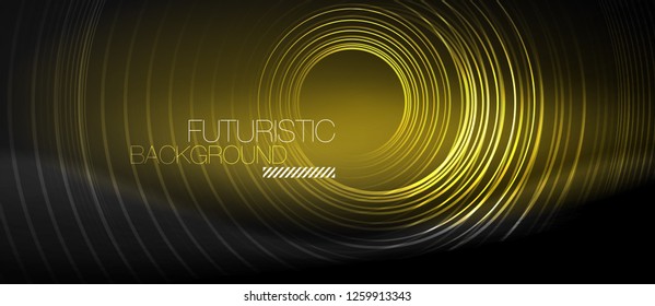 Dark abstract background with glowing neon circles, vector