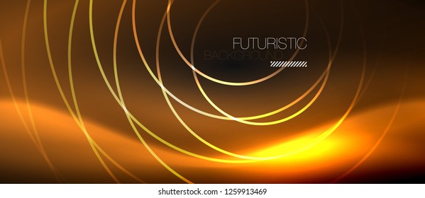 Dark abstract background with glowing neon circles, vector