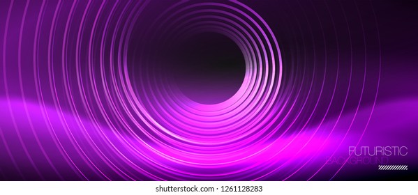 Dark abstract background with glowing neon circles, vector