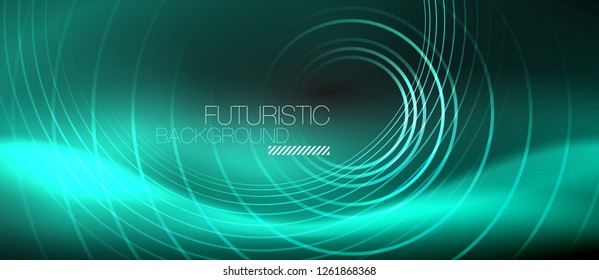Fondo abstracto oscuro con círculos de neón brillantes, vector
