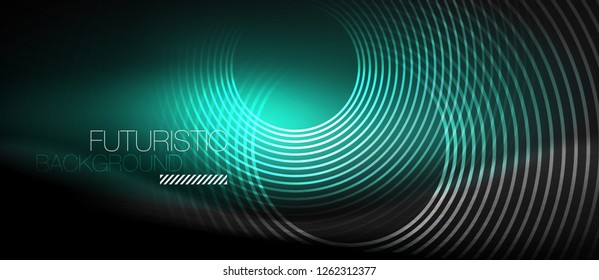 Dark abstract background with glowing neon circles, vector