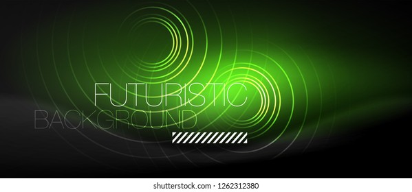 Dark abstract background with glowing neon circles, vector