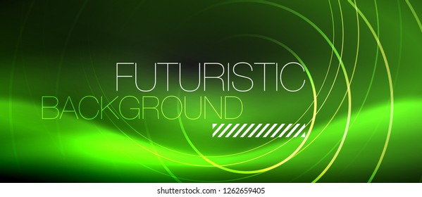 Fondo abstracto oscuro con círculos de neón brillantes, vector