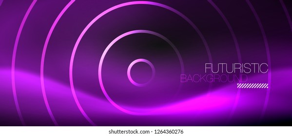 Dark abstract background with glowing neon circles, vector