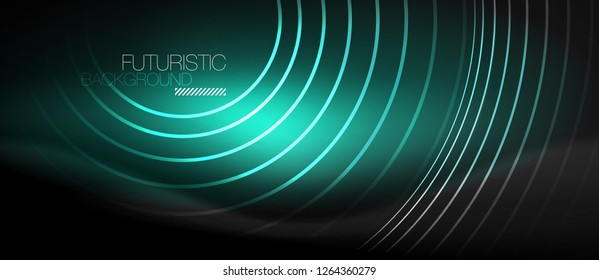 Dark abstract background with glowing neon circles, vector