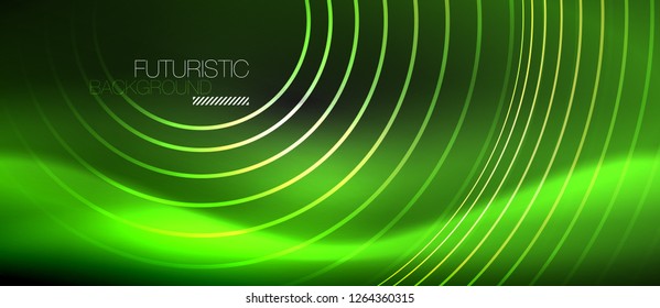 Dark abstract background with glowing neon circles, vector