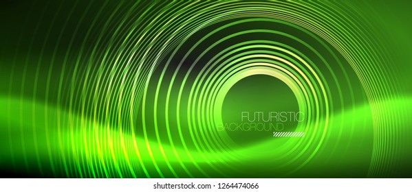 Dark abstract background with glowing neon circles, vector