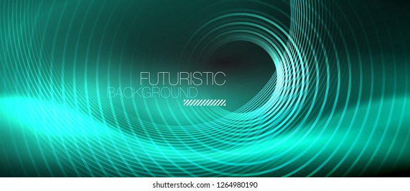 Dark abstract background with glowing neon circles, vector