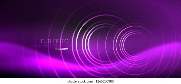 Dark abstract background with glowing neon circles, vector