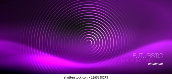 Dark abstract background with glowing neon circles, vector