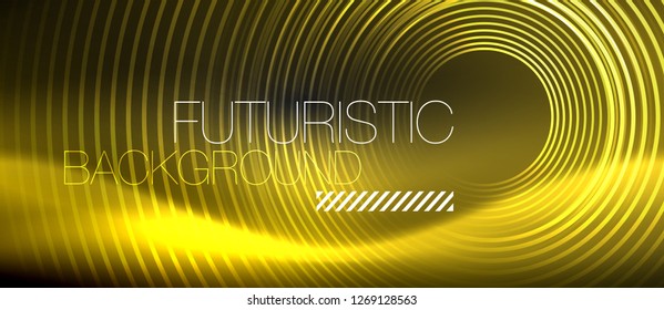 Dark abstract background with glowing neon circles, vector