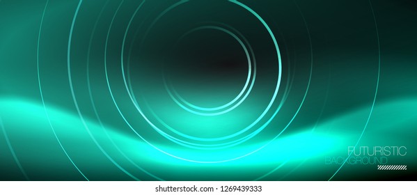 Dark abstract background with glowing neon circles, vector