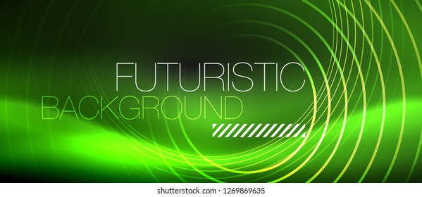 Dark abstract background with glowing neon circles, vector