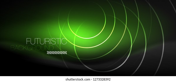Fondo abstracto oscuro con círculos de neón brillantes, vector