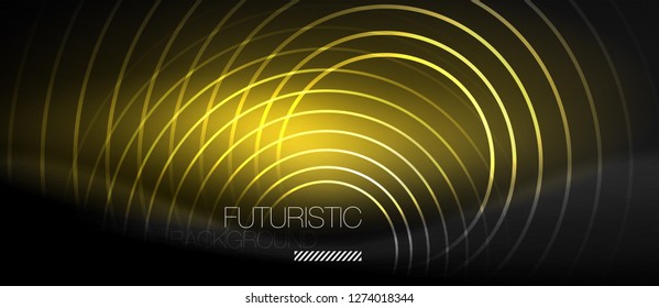 Dark abstract background with glowing neon circles, vector