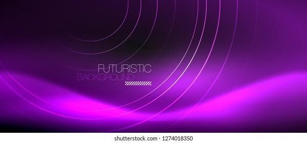 Dark abstract background with glowing neon circles, vector