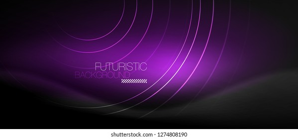 Dark abstract background with glowing neon circles, vector