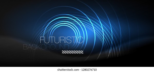 Dark abstract background with glowing neon circles, vector