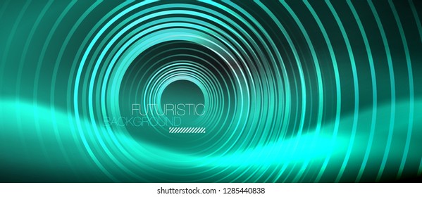 Dark abstract background with glowing neon circles, vector