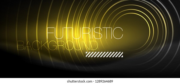 Dark abstract background with glowing neon circles, vector