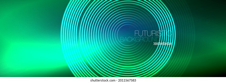 Fondo abstracto oscuro con círculos de neón brillantes. Plantilla de diseño a la moda para presentación de negocios o tecnología, portada de póster en Internet o de folletos web, fondo de pantalla