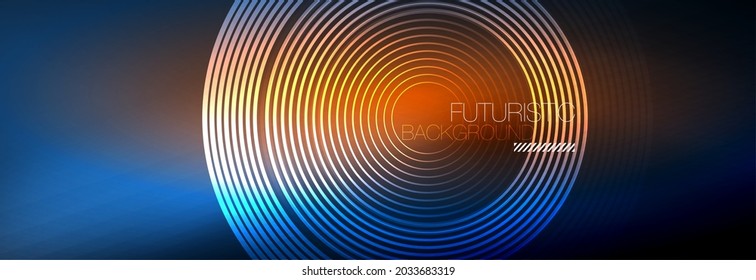 Fondo abstracto oscuro con círculos de neón brillantes. Plantilla de diseño a la moda para presentación de negocios o tecnología, portada de póster en Internet o de folletos web, fondo de pantalla