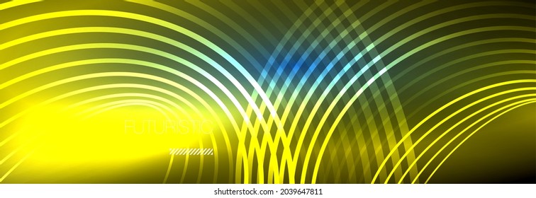 Fondo abstracto oscuro con círculos de neón brillantes. Plantilla de diseño a la moda para presentación de negocios o tecnología, portada de póster en Internet o de folletos web, fondo de pantalla
