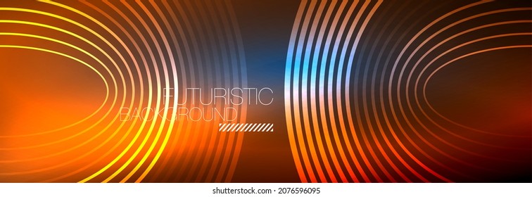 Dunkler abstrakter Hintergrund mit leuchtenden Neonkreisen. Trendy-Layout-Vorlage für Geschäfts- oder Technologiepräsentationen, Internet-Poster oder Webbroschüre, Bildschirmhintergrund